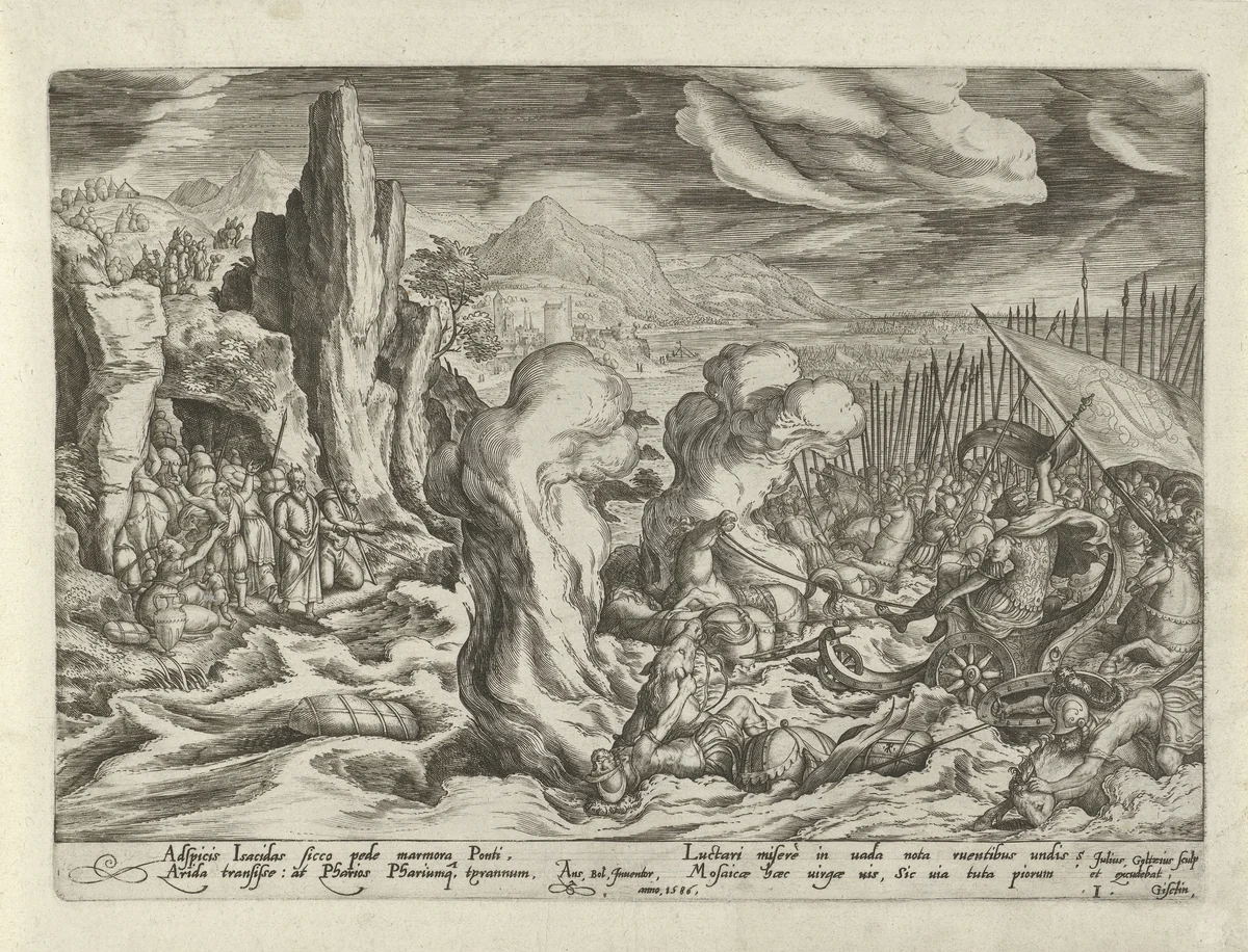 Vernietiging van het Egyptische leger in de Rode Zee by Unknown, print, 1586