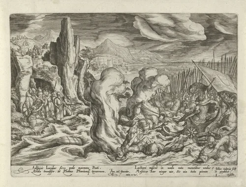 Vernietiging van het Egyptische leger in de Rode Zee by Unknown, print, 1586