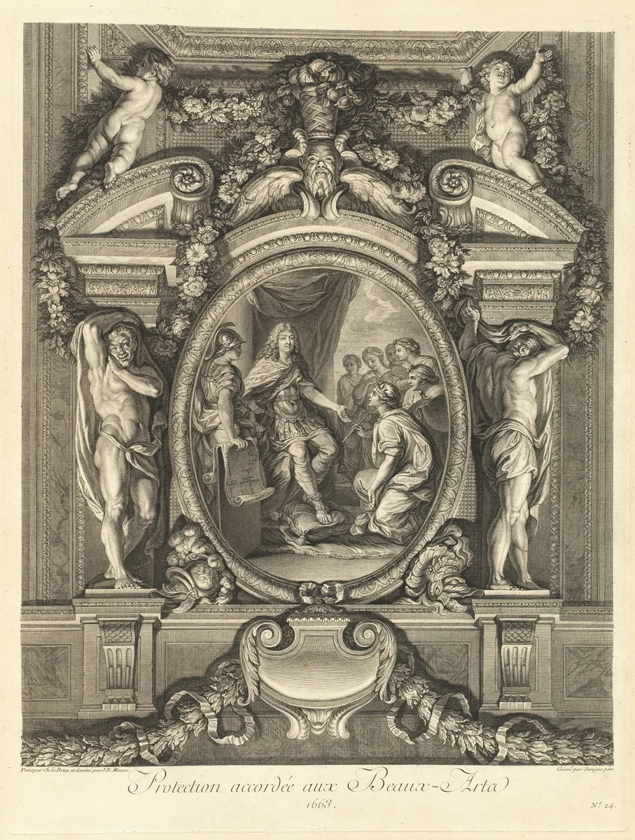 Protection accordée aux beaux-arts 1663 (Protection Granted to the Fine Arts 1663) [pl. 24] by Jean-Baptiste Massé, print, 1752