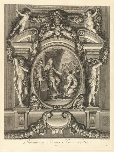 Protection accordée aux beaux-arts 1663 (Protection Granted to the Fine Arts 1663) [pl. 24] by Jean-Baptiste Massé, print, 1752