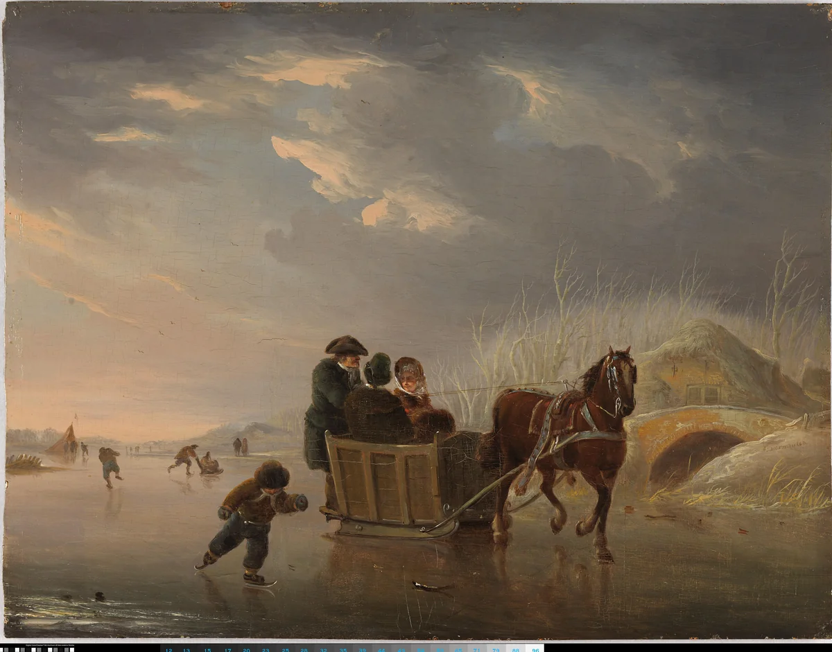 Winter Scene (Horse-Sleigh on the Ice) by Andries Vermeulen, painting, 1790-1814