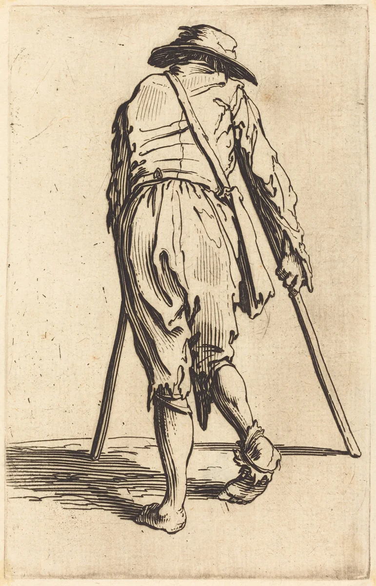 Beggar with Crutches and Hat, Back View by Jacques Callot, print, 1622