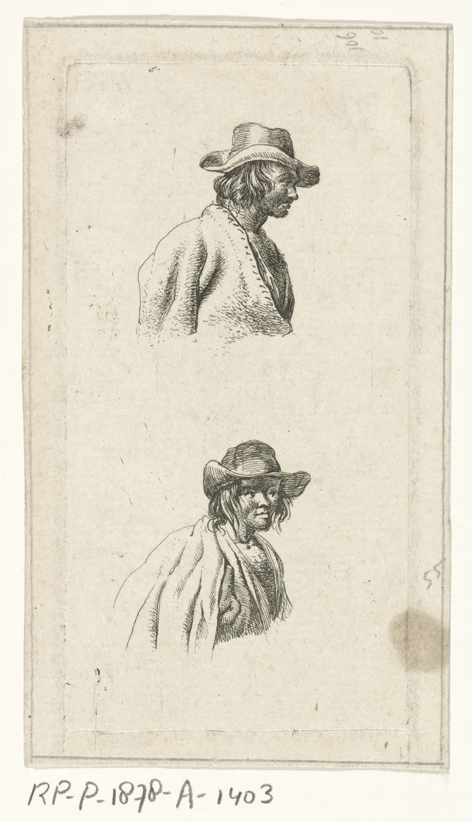 Twee mannenbustes, met hoed by François Joseph Pfeiffer, print, 1793-1835