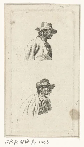 Twee mannenbustes, met hoed by François Joseph Pfeiffer, print, 1793-1835