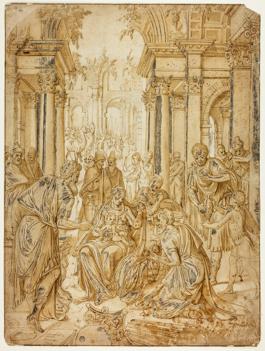 Adoration of the Magi by Lambert van Noort, drawing, 1559