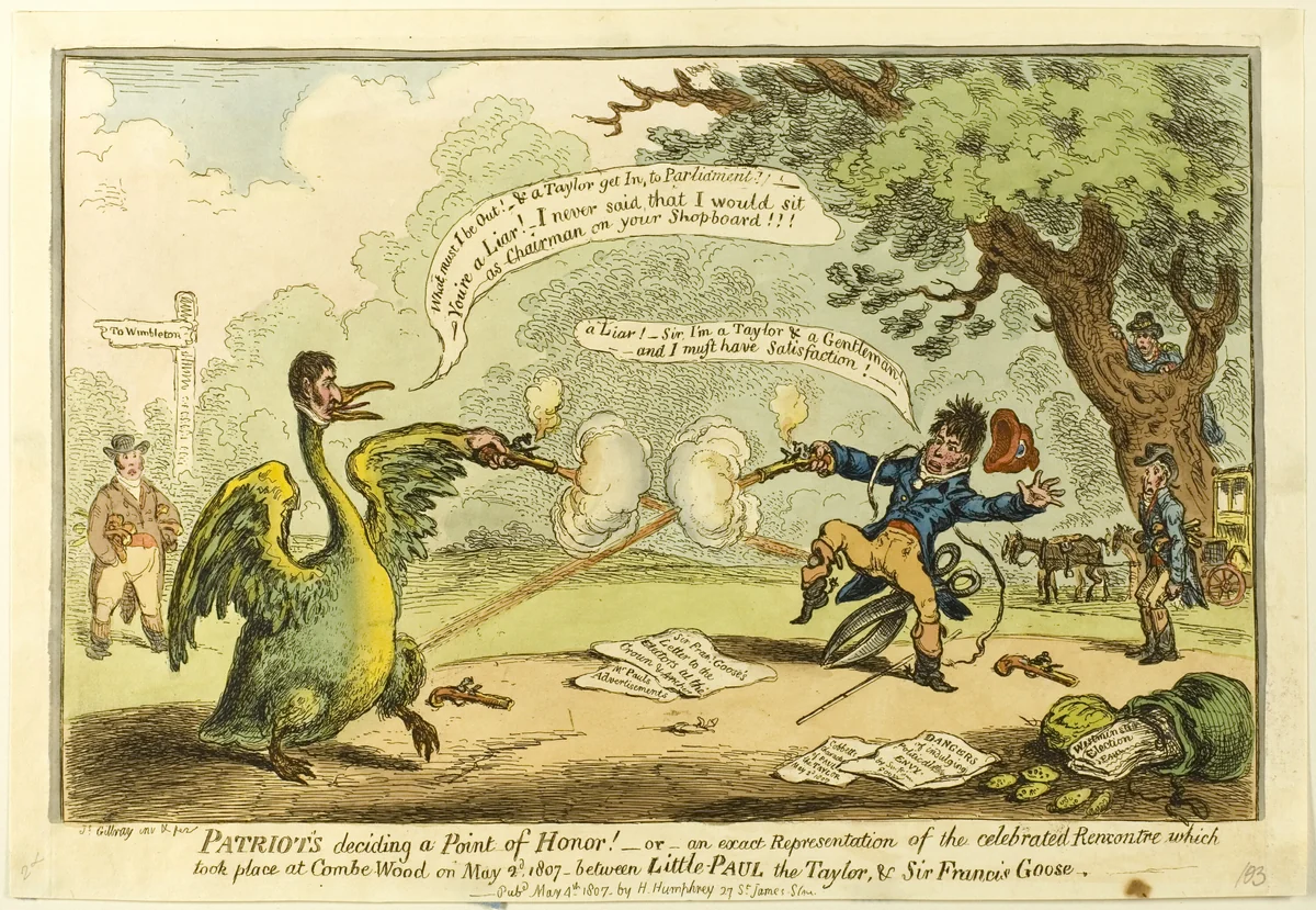 Patriots - Deciding Point of Honor! by James Gillray, print, 1807