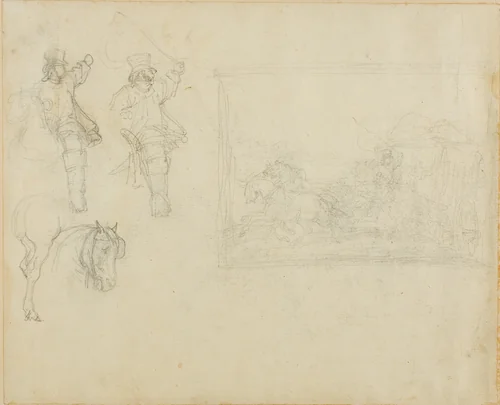 Sketches of Postillions and a Stagecoach by Jean Louis André Théodore Géricault, drawing, 1818-1819