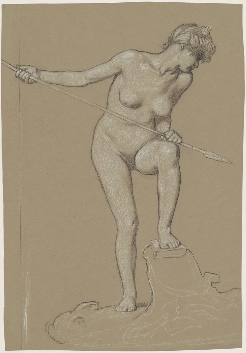 Girl Spearing Dolphin by Elihu Vedder, drawing, 1895-1905