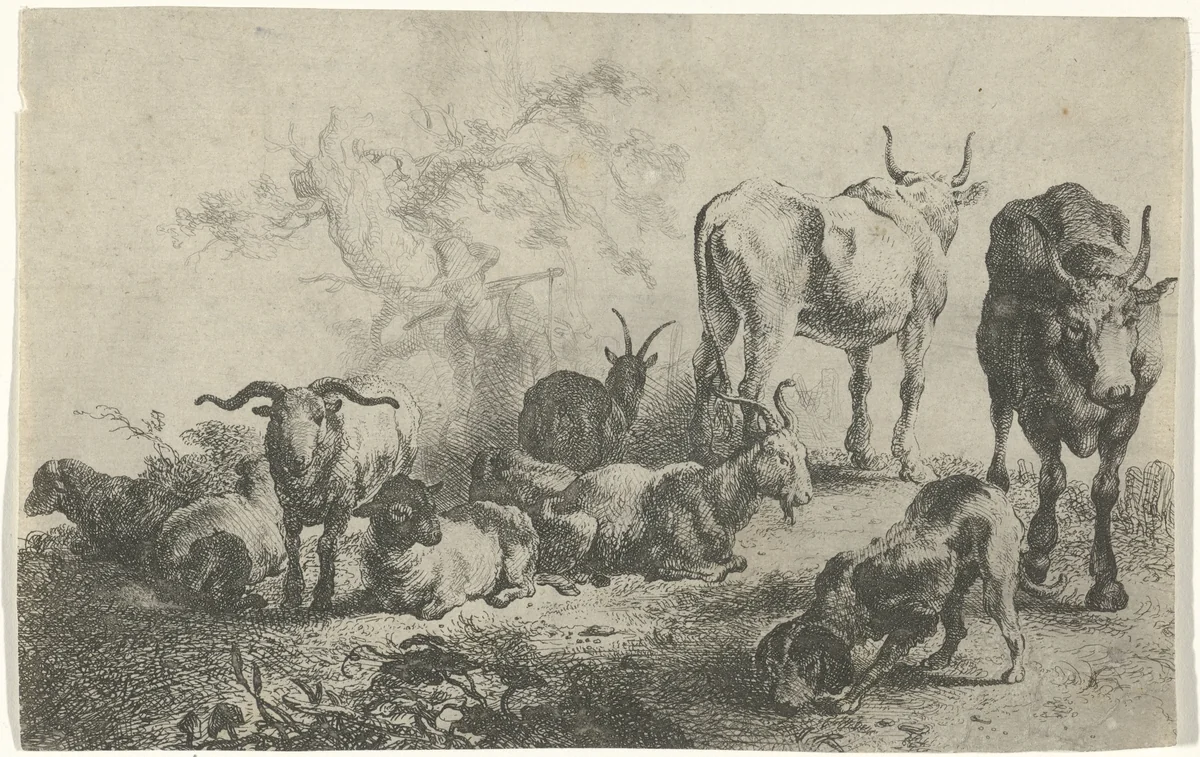 Landschap met vee en een melkmeid by Jan van Noordt, print, 1644-1676