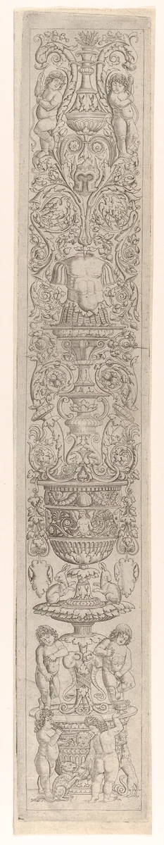 Candelabra grotesque with four children with a cat and a dog, from a series of twelve candelabra grotesques by Giovanni Antonio da Brescia, print, 1490-1515