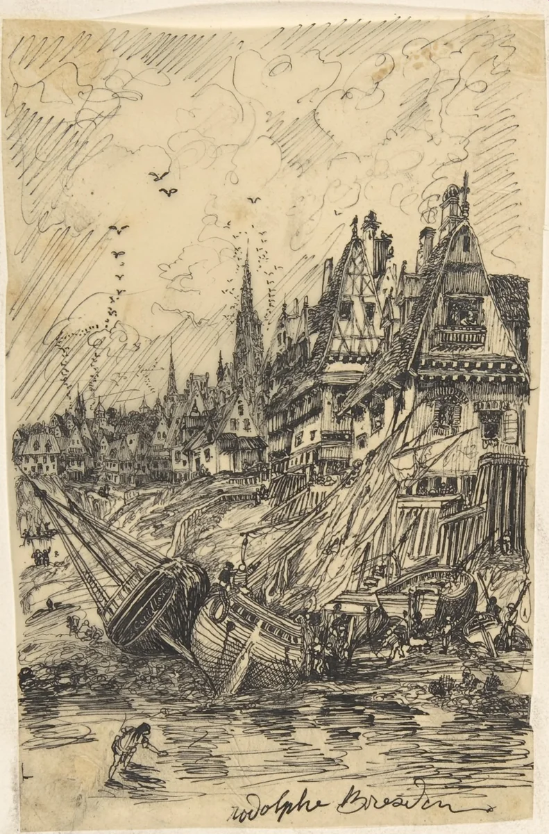Fishing Harbor at Low Tide by Rodolphe Bresdin, drawing, 1859-1869