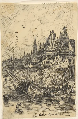 Fishing Harbor at Low Tide by Rodolphe Bresdin, drawing, 1859-1869