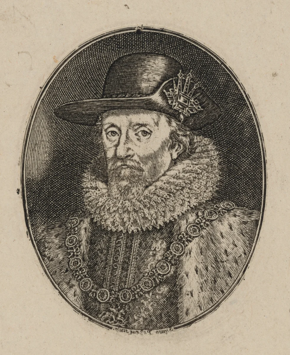 James I, King of England [top half] by Simon van de Passe, print, 1595-1647