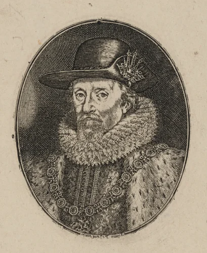 James I, King of England [top half] by Simon van de Passe, print, 1595-1647