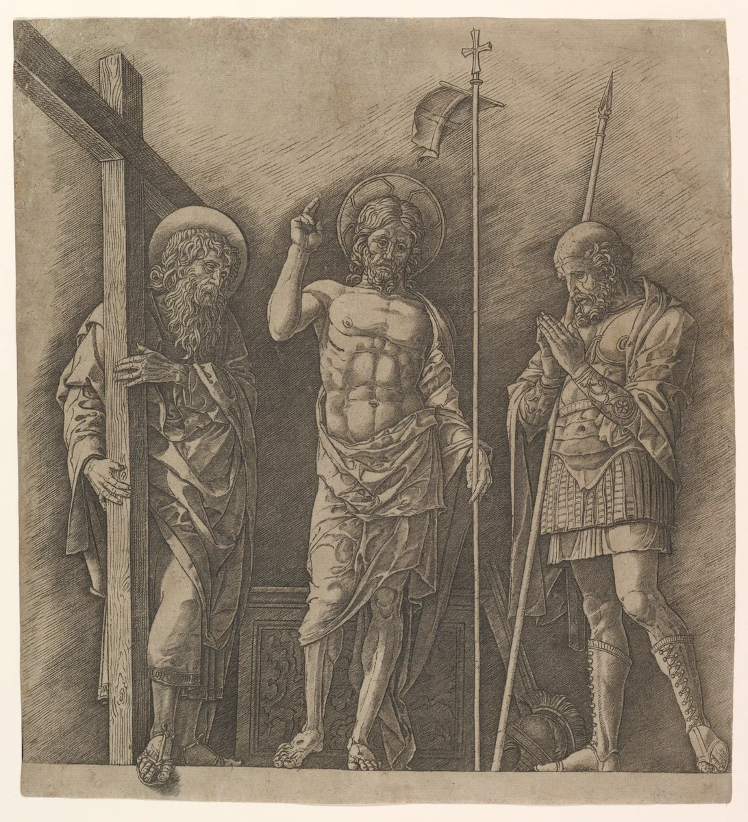 The Risen Christ between Saints Andrew and Longinus by Andrea Mantegna, print, 1470-1480