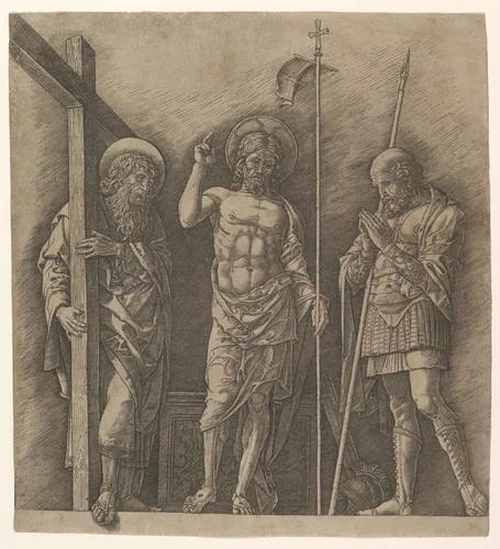 The Risen Christ between Saints Andrew and Longinus by Andrea Mantegna, print, 1470-1480