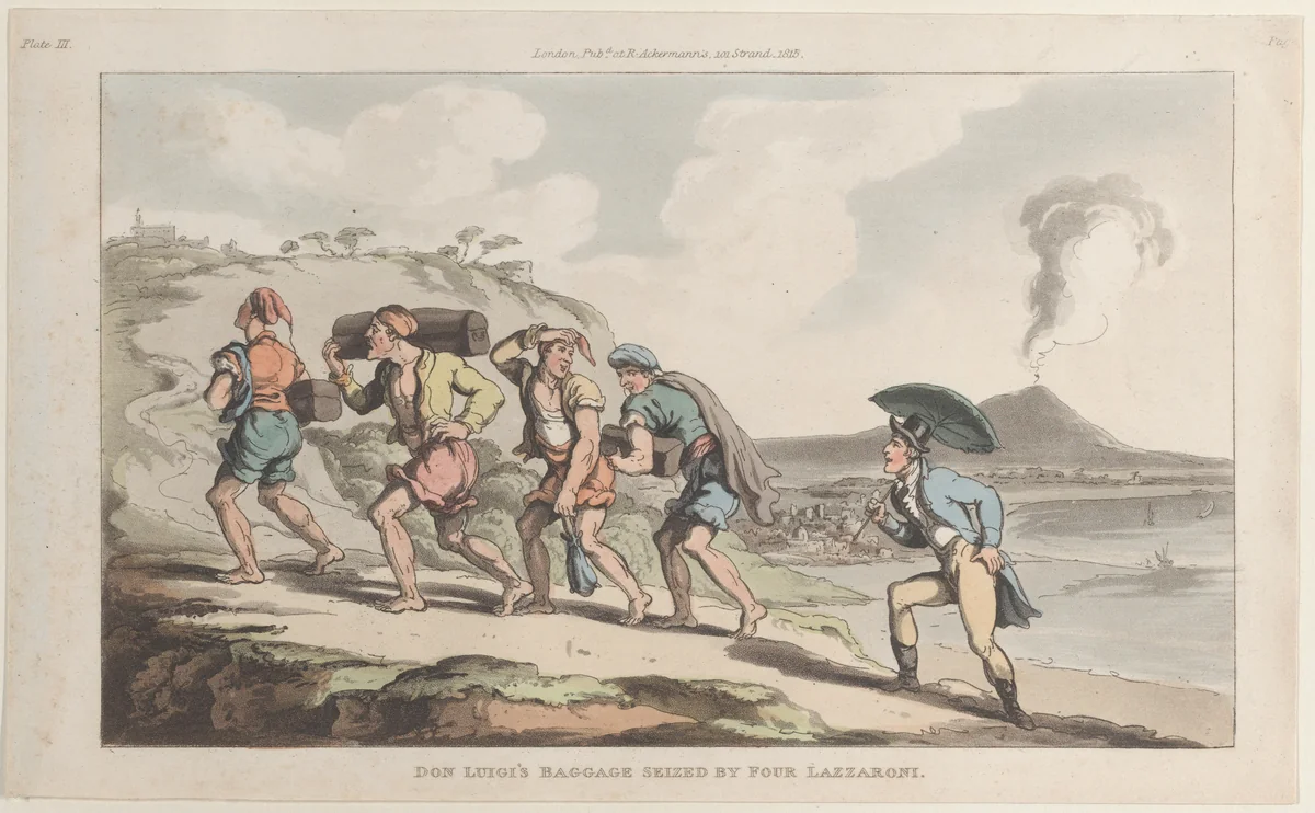 Don Luigi's Baggage Seized by Four Lazzaroni by Thomas Rowlandson, print, 1815