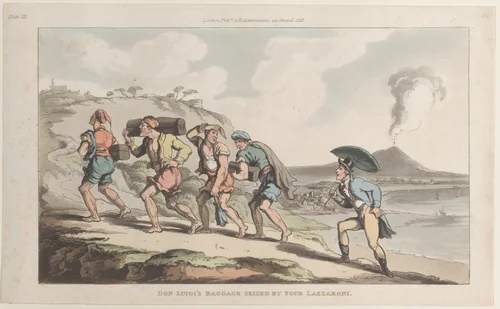 Don Luigi's Baggage Seized by Four Lazzaroni by Thomas Rowlandson, print, 1815