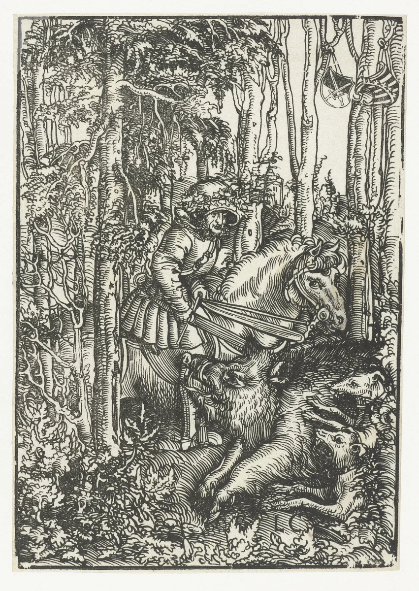 Man te paard jaagt op wild zwijn by Unknown, print, 1505-1553