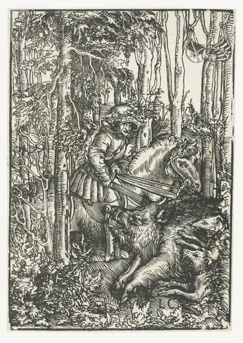 Man te paard jaagt op wild zwijn by Unknown, print, 1505-1553