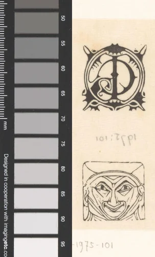 Monogram en vignet met masker by Mathieu Lauweriks, print, 1895-1896