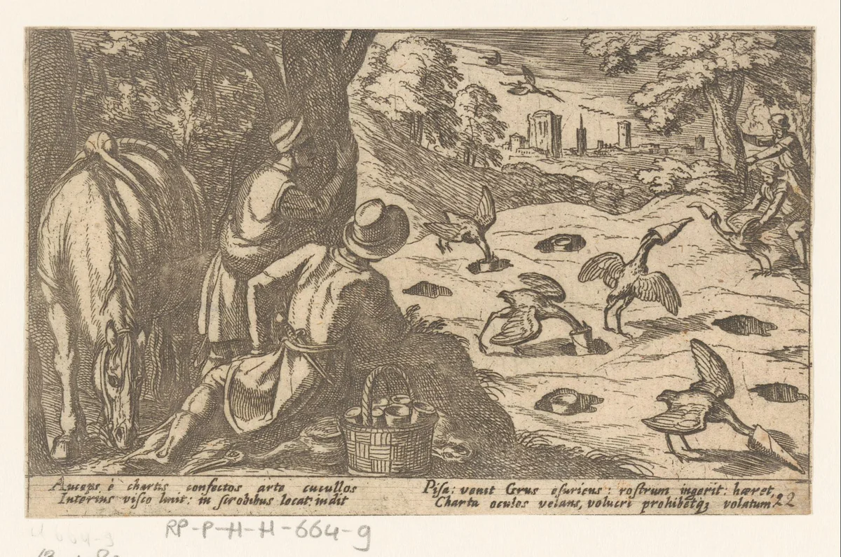 Jacht op vogels met lokkuilen en vogellijm by Antonio Tempesta, print, 1605