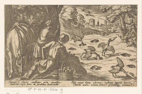 Jacht op vogels met lokkuilen en vogellijm by Antonio Tempesta, print, 1605