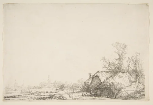 Cottage Beside a Canal with a View of Ouderkerk (counterproof) by Rembrandt van Rijn, print, 1636-1646