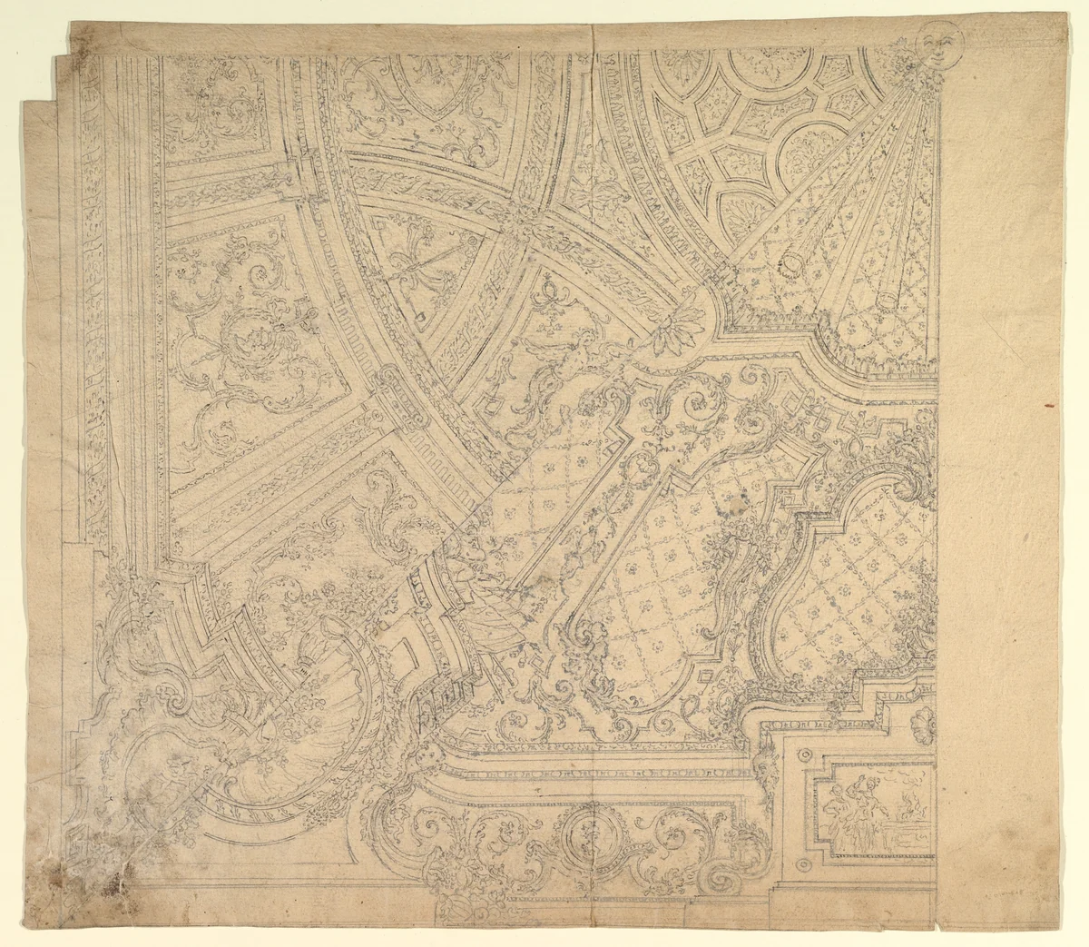 Halved Alternate Designs for a Ceiling Painting by Leonardo Marini, drawing, 1700-1780