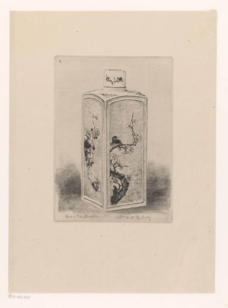 Porseleinen theehouder met een vogel op een bloesemtak by Félix Hilaire Buhot, print, 1883