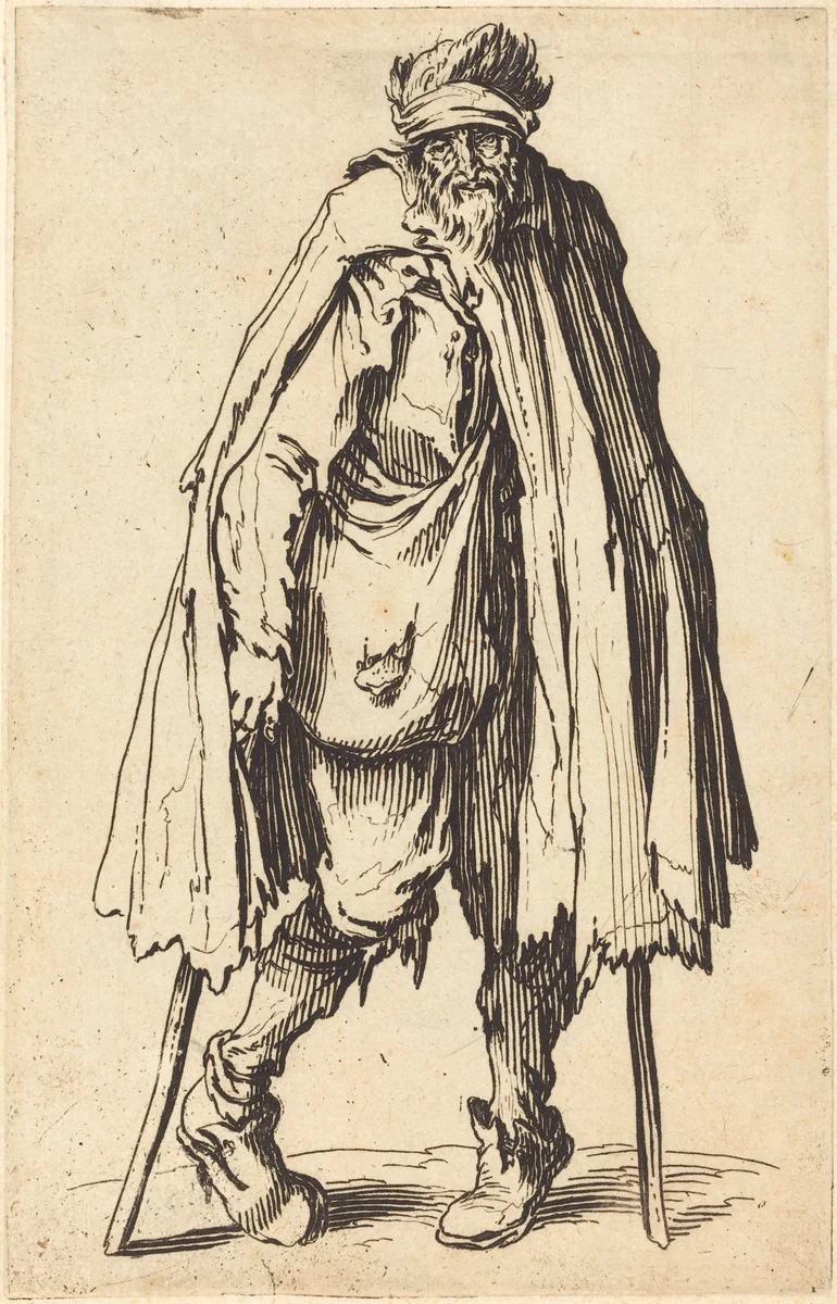 Beggar with Crutches and Sack by Jacques Callot, print, 1622
