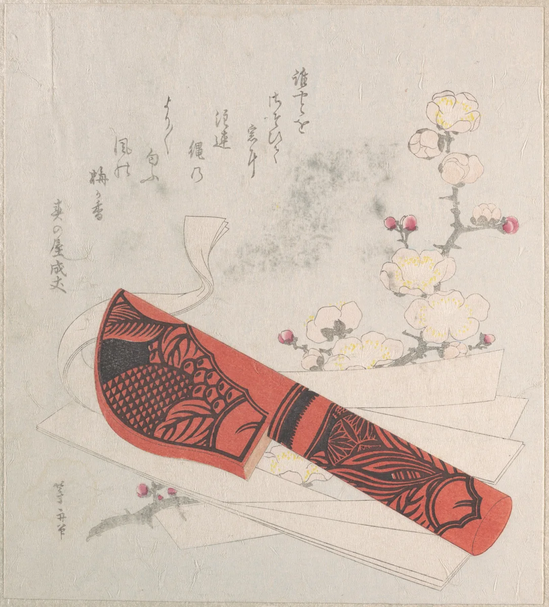 Plum Blossoms, Cut Paper and a Knife in Sheath by Uematsu Tōshū, print, 1615-1868