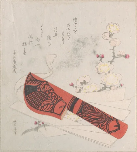 Plum Blossoms, Cut Paper and a Knife in Sheath by Uematsu Tōshū, print, 1615-1868