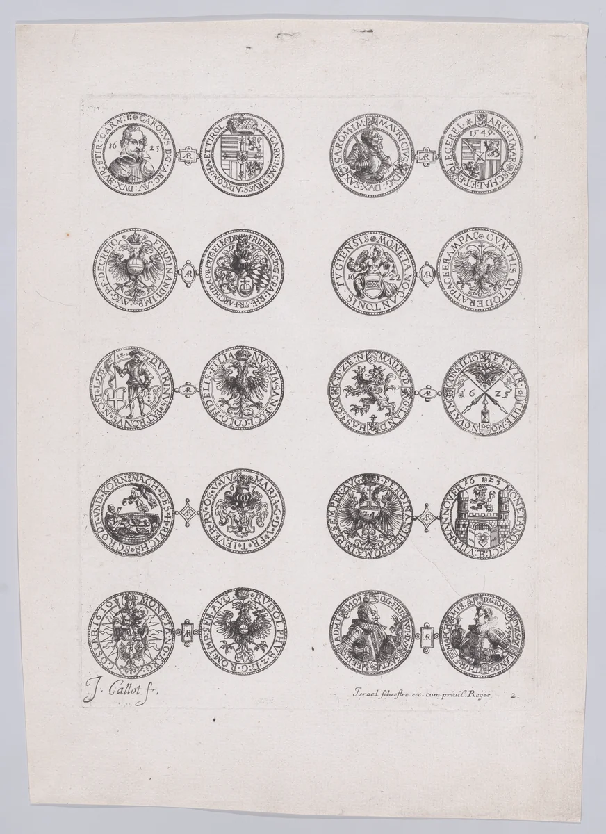 2nd Plate, Featuring 10 Coins Issued by European Princes in the 16th and 17th centuries, from Les Monnaies (The Currencies) by Jacques Callot, print, 1625-1635