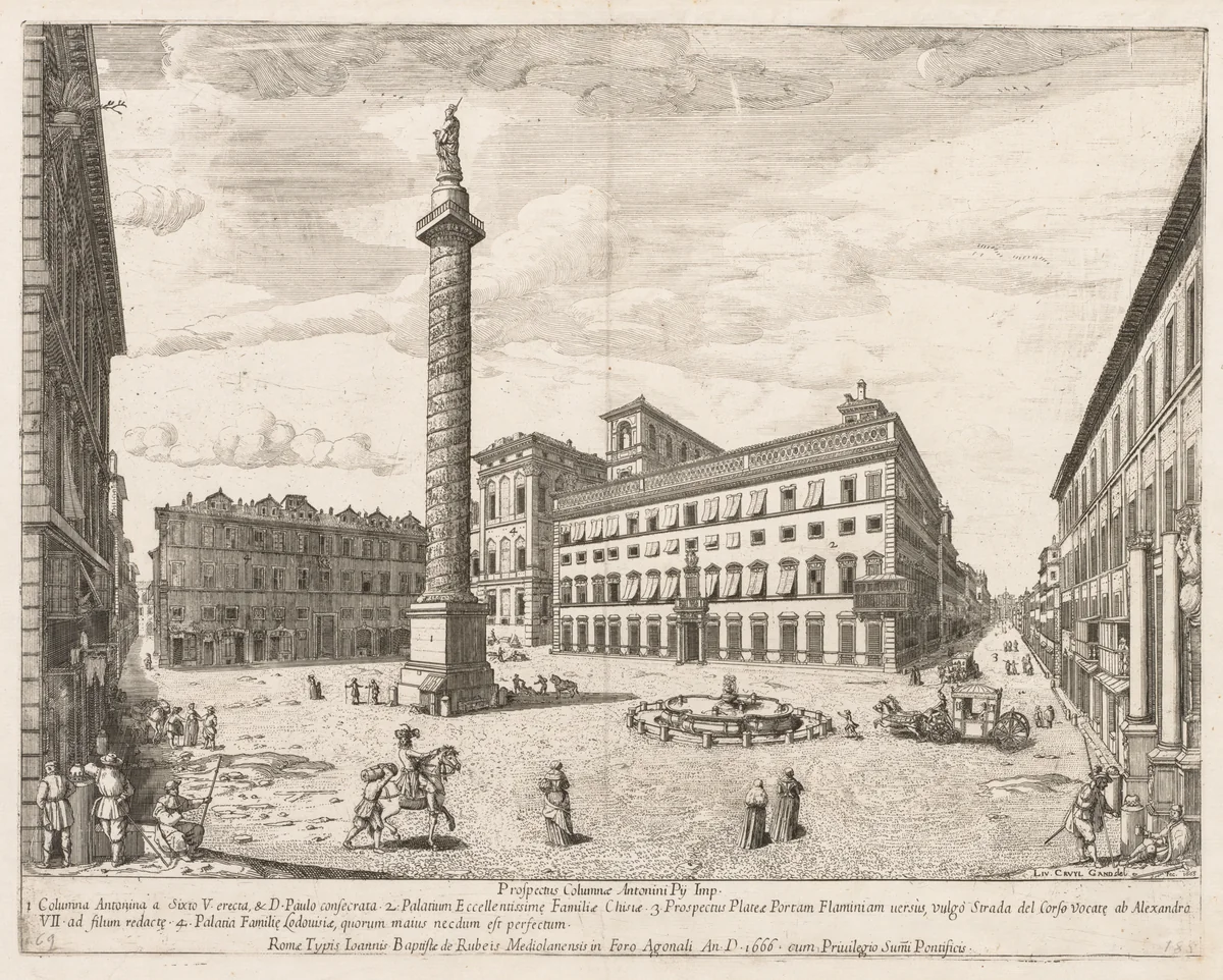 Piazza Colonna from "Prospectus Locurum Urbis Romae Insign[ium]" by Lievin Cruyl, print, 1666