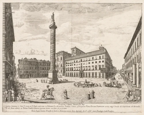 Piazza Colonna from "Prospectus Locurum Urbis Romae Insign[ium]" by Lievin Cruyl, print, 1666