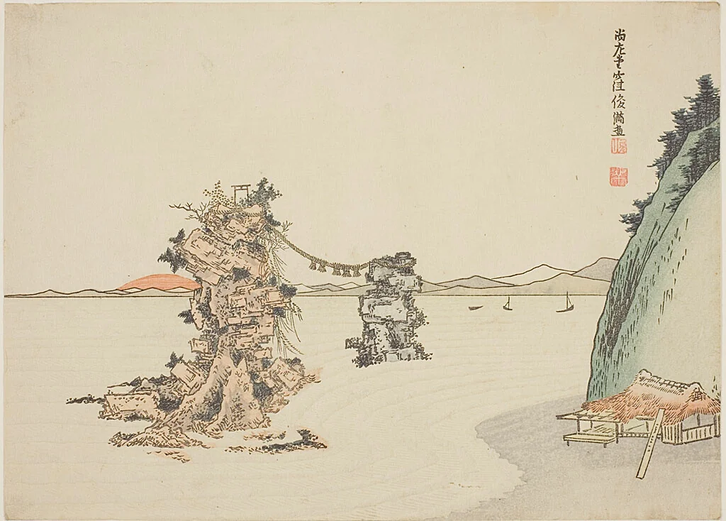 The Wedded Rocks (Meoto Iwa) by Futamigaura by Kubo Shunman (窪俊満), print, 1801-1820