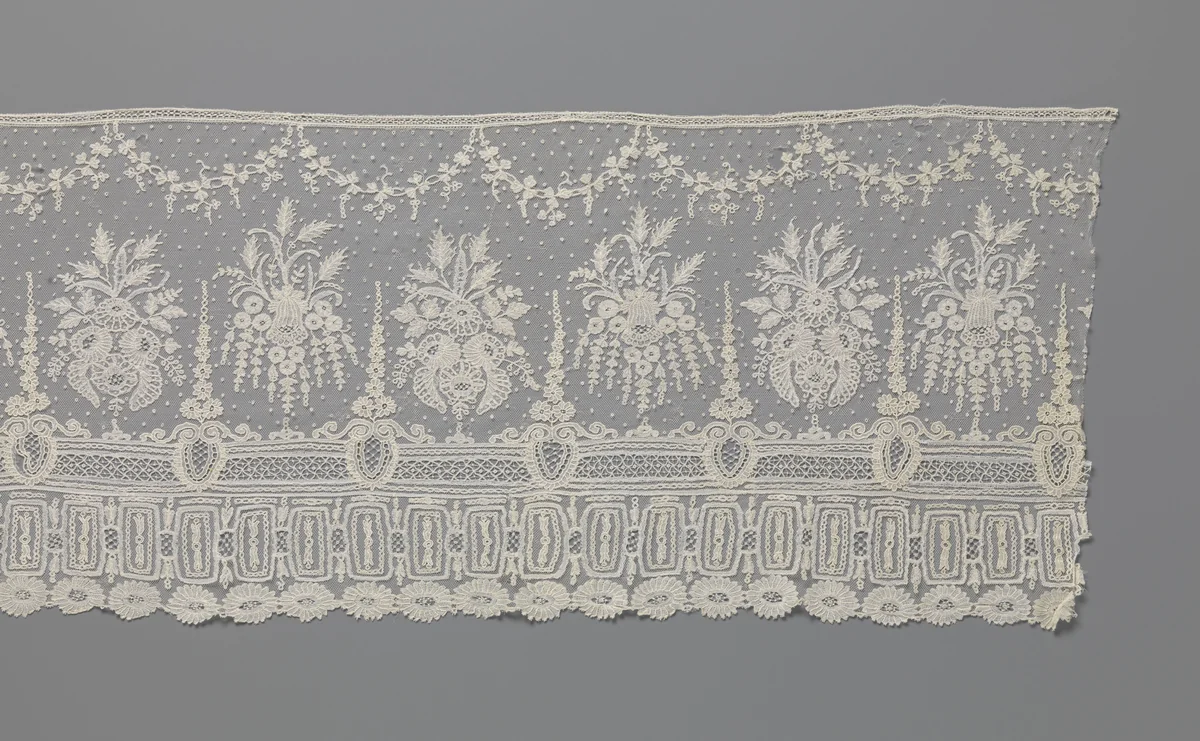 Strook applicatiekant met boeketten en drievoudige ornamentrand by anonymous, other, 1860