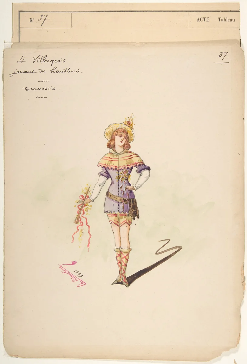 Costume Design for "4 Villageois jouant au hautbois" [a]; Descriptive Sheet of Costume Accessories [b] by Charles Bianchini, drawing, 1875-1905