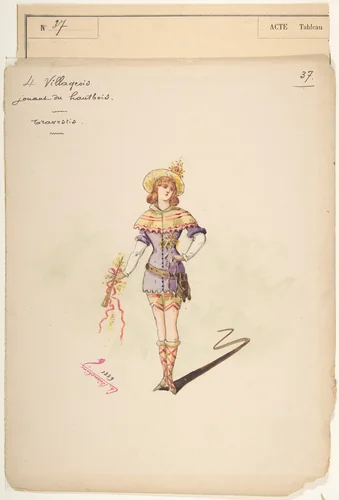 Costume Design for "4 Villageois jouant au hautbois" [a]; Descriptive Sheet of Costume Accessories [b] by Charles Bianchini, drawing, 1875-1905
