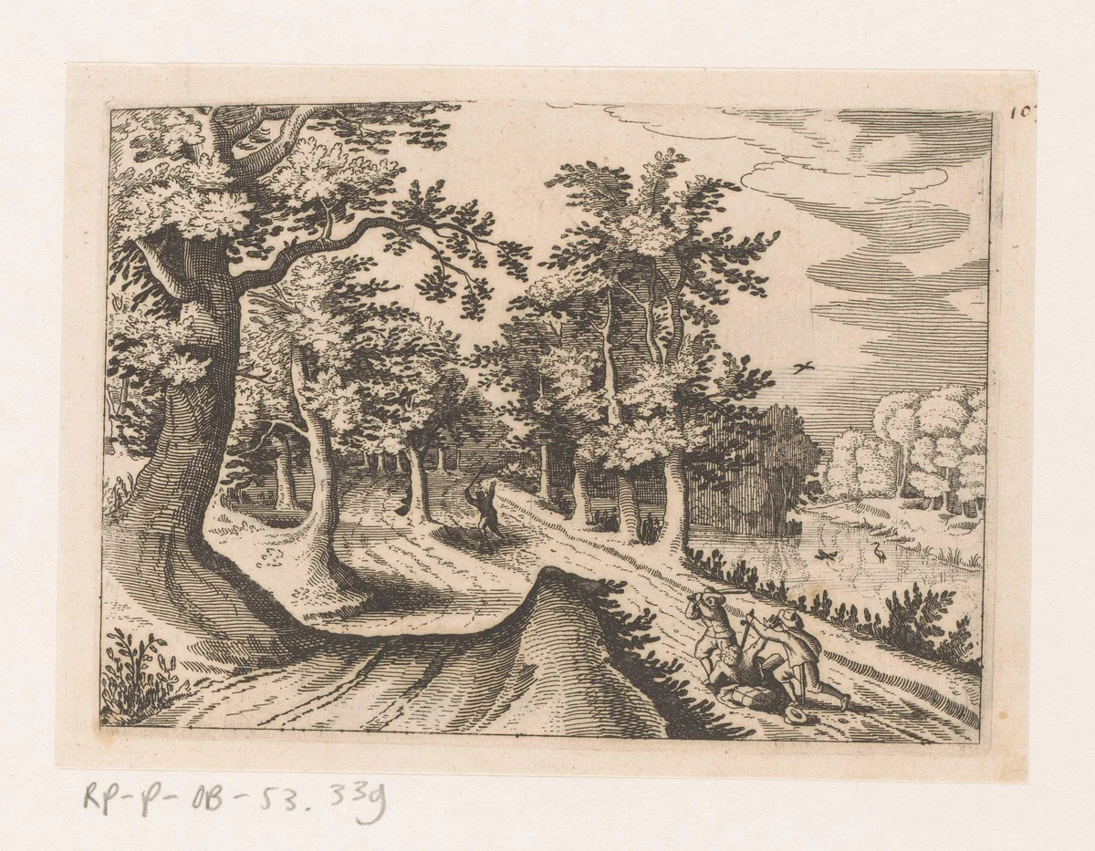 Overval op een landweg by anonymous, print, 1620