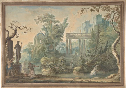 Arcadian Landscape with several Figures and a Statue of Apollo by Gerard Melder, drawing, 1700-1754
