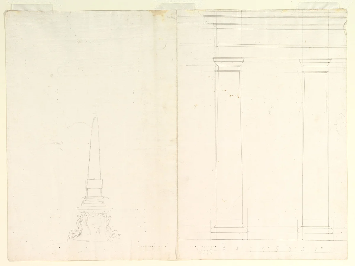 Design for an Obelisk; Partial Design in Elevation for Colonnade in the Doric or Tuscan Order (recto); Design for Fluted Column on Podium in Elevation (verso) by anonymous, drawing, 1700-1799