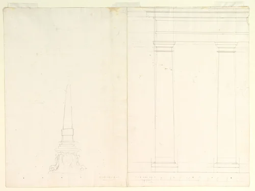 Design for an Obelisk; Partial Design in Elevation for Colonnade in the Doric or Tuscan Order (recto); Design for Fluted Column on Podium in Elevation (verso) by anonymous, drawing, 1700-1799