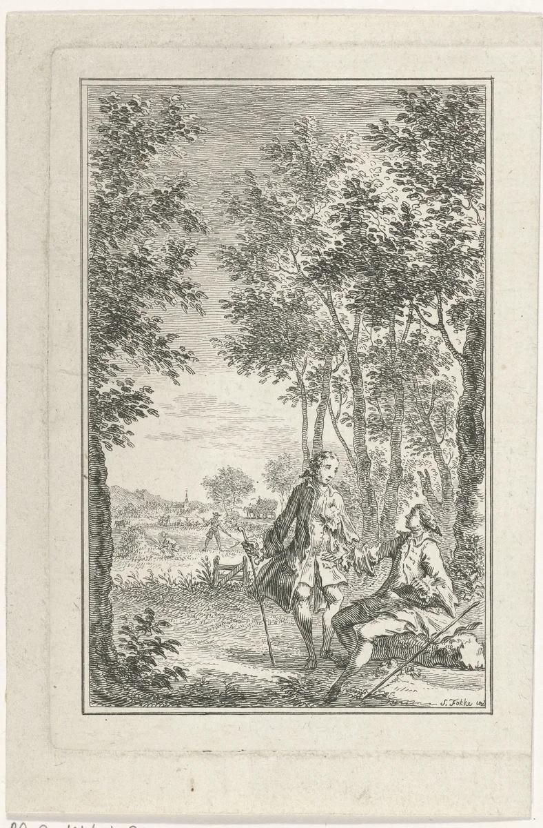 Twee heren in de natuur by Simon Fokke, print, 1722-1784