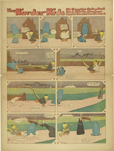 The Kin-der-Kids: Mr. Buggins Gets a Pull and Auntie Jimjam Swats Gussie One for Luck from The Chicago Sunday Tribune by Lyonel Feininger, print, 1906