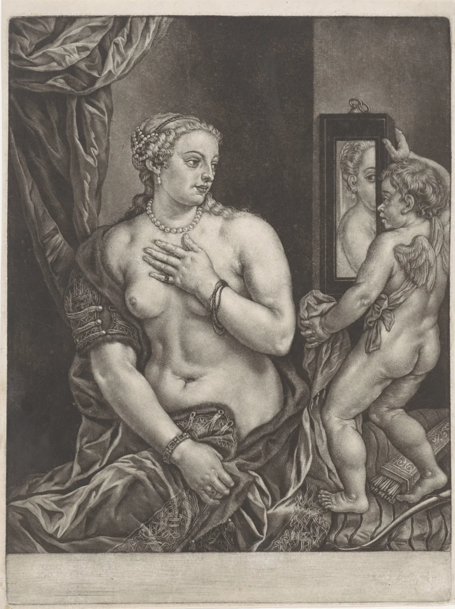 Venus en Amor met een spiegel by anonymous, print, 1650-1800