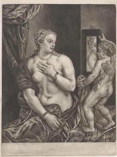 Venus en Amor met een spiegel by anonymous, print, 1650-1800