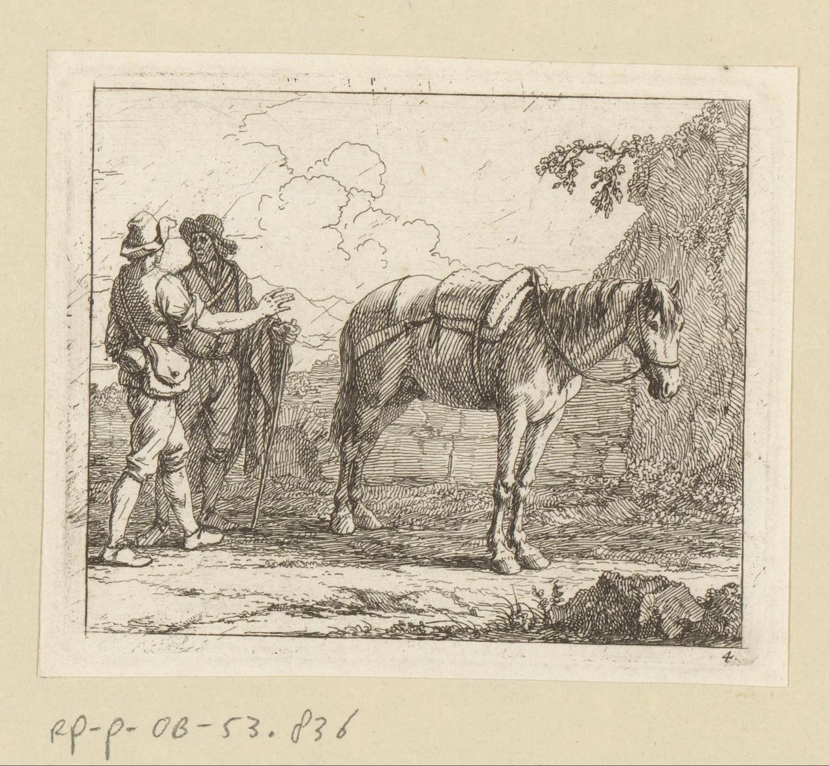 Twee reizigers en een gezadeld paard by Georg Philipp Rugendas, print, 1698