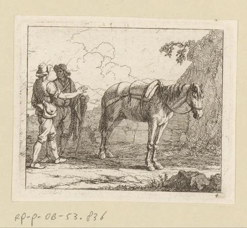 Twee reizigers en een gezadeld paard by Georg Philipp Rugendas, print, 1698